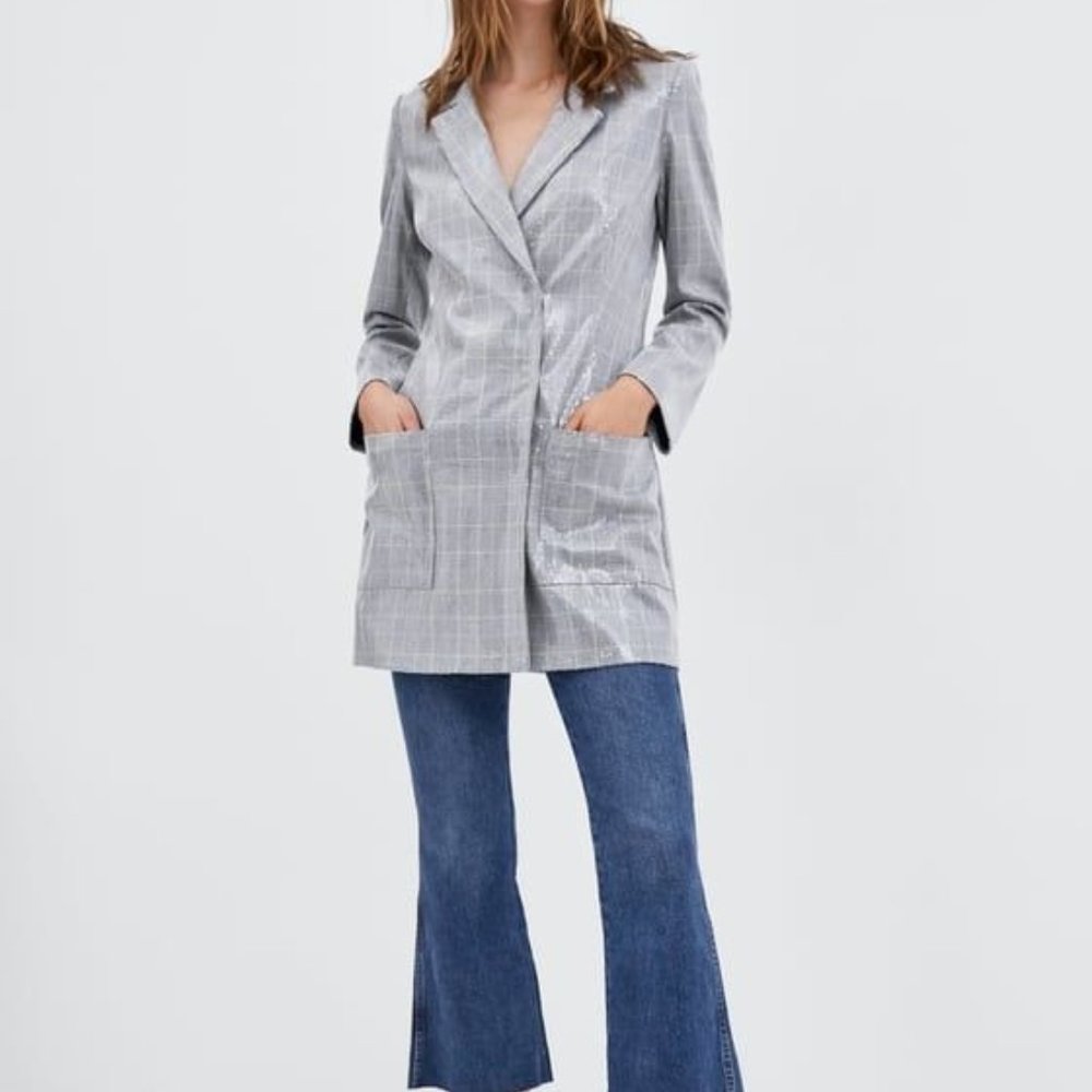 Zara NWT Grey Sequin Blazer Dress XS